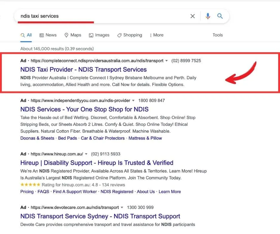 Pay per lead search result example 1