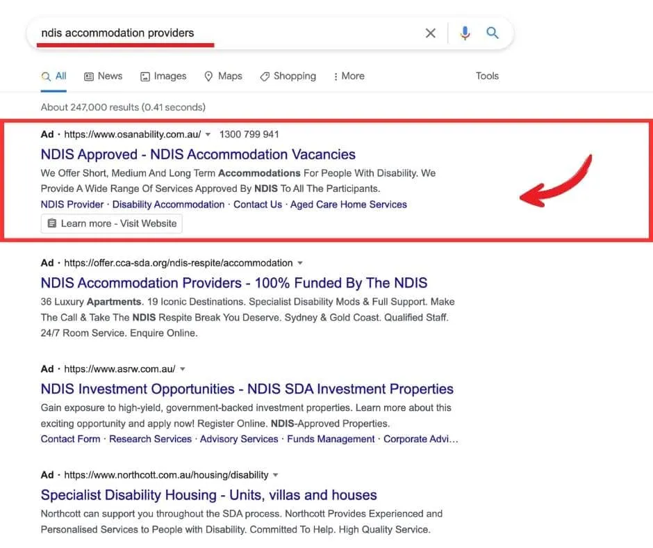 Pay per lead search result example 2